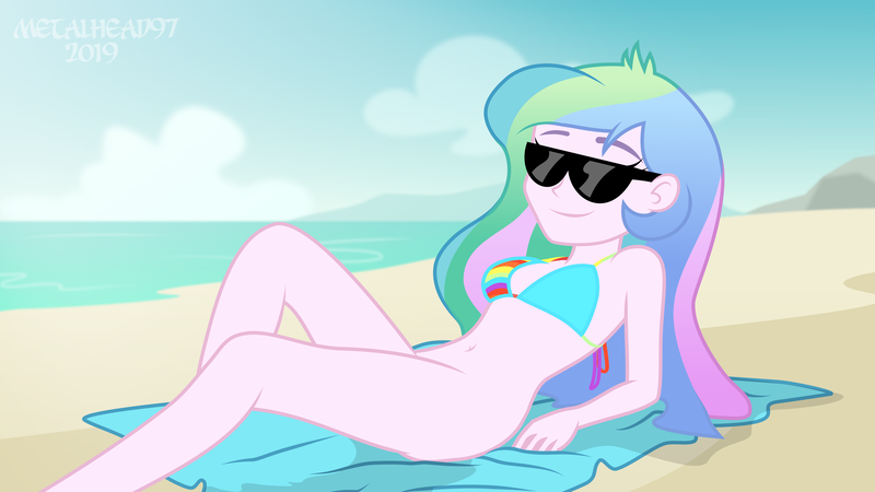 Size: 8000x4500 | Tagged: questionable, artist:metalhead97, banned from derpibooru, deleted from derpibooru, derpibooru import, edit, editor:slayerbvc, princess celestia, equestria girls, beach, belly, belly button, bikini, bikini top, bottomless, breasts, clothes, commission, female, no makeup edit, partial nudity, partial nudity edit, principal celestia, rainbow dash bikini, relaxing, sand, show accurate, smiling, solo, sun, sunglasses, swimsuit, towel, water