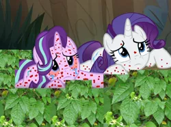 Size: 664x494 | Tagged: semi-grimdark, artist:janesdick, banned from derpibooru, deleted from derpibooru, derpibooru import, rarity, starlight glimmer, 1000 hours in ms paint, crying, pain, poison ivy (plant), rash