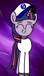 Size: 929x1586 | Tagged: safe, artist:sebtheartist, banned from derpibooru, deleted from derpibooru, derpibooru import, twilight sparkle, pony, unicorn, abstract background, eyes closed, front view, grin, ponyseb's outfit, smiling, solo, unicorn twilight