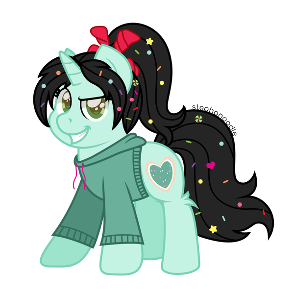 Size: 1280x1280 | Tagged: safe, artist:stephanoodle, banned from derpibooru, deleted from derpibooru, derpibooru import, ponified, pony, unicorn, candy, clothes, crossover, disney, female, filly, foal, food, leg fluff, looking at you, ponytail, simple background, solo, vanellope, vanellope von schweetz, white background, wreck it ralph