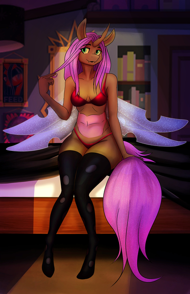 Size: 3300x5100 | Tagged: suggestive, alternate version, artist:gingersnap913, banned from derpibooru, deleted from derpibooru, derpibooru import, oc, oc:viciz, anthro, changeling, bed, bra, breasts, changeling oc, clothes, female, panties, purple changeling, red underwear, solo, underwear