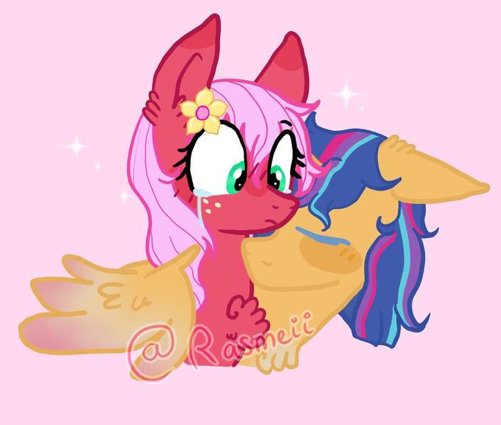 Size: 970x824 | Tagged: safe, artist:ponyrasmeii, banned from derpibooru, deleted from derpibooru, derpibooru import, oc, oc:apple tart, oc:dusk radiance, unofficial characters only, earth pony, pegasus, pony, base used, bust, female, flower, flower in hair, male, nuzzling, oc x oc, offspring, offspring shipping, parent:big macintosh, parent:flash sentry, parent:fluttershy, parent:twilight sparkle, parents:flashlight, parents:fluttermac, shipping, sparkly background, straight, watermark