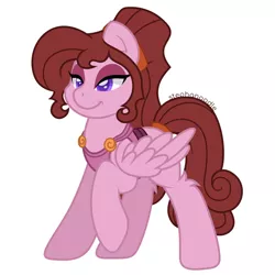 Size: 1280x1280 | Tagged: safe, artist:stephanoodle, banned from derpibooru, deleted from derpibooru, derpibooru import, ponified, pegasus, pony, clothes, crossover, disney, eyeshadow, female, hair tie, hercules, leg fluff, makeup, mare, meg, megara, simple background, solo, tail wrap, white background