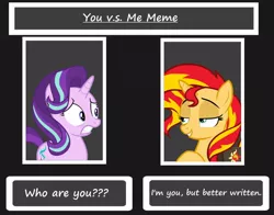 Size: 1008x792 | Tagged: safe, artist:munktransformerlover, banned from derpibooru, deleted from derpibooru, derpibooru import, starlight glimmer, sunset shimmer, drama, starlight drama, sunset vs starlight debate