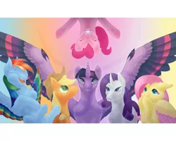 Size: 1280x1024 | Tagged: safe, artist:trooperette, banned from derpibooru, deleted from derpibooru, derpibooru import, applejack, fluttershy, pinkie pie, rainbow dash, rarity, twilight sparkle, twilight sparkle (alicorn), alicorn, earth pony, pegasus, pony, unicorn, colored wings, curved horn, female, floppy ears, horn, laughing, letterboxing, looking up, mane six, mare, pinkie being pinkie, smiling, spread wings, wings