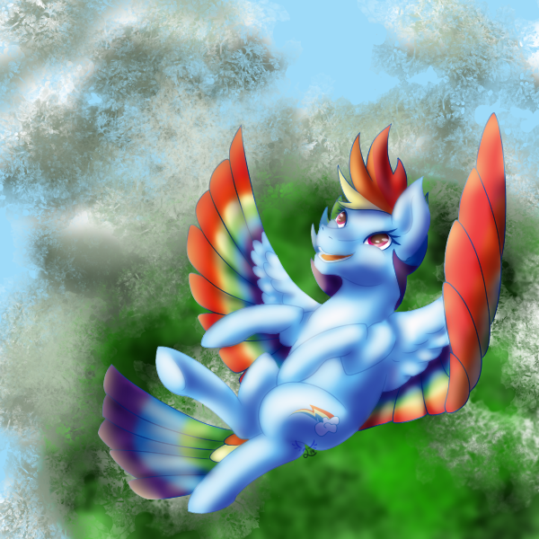 Size: 600x600 | Tagged: safe, artist:trooperette, banned from derpibooru, deleted from derpibooru, derpibooru import, rainbow dash, pegasus, pony, colored wings, cutie mark, falling, female, flying, mare, open mouth, smiling, solo, spread wings, tail feathers, wings