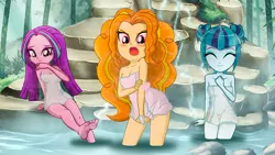 Size: 1280x720 | Tagged: suggestive, artist:charliexe, banned from derpibooru, deleted from derpibooru, derpibooru import, adagio dazzle, aria blaze, sonata dusk, equestria girls, barefoot, feet, hot springs, the dazzlings, thermal waters, towel