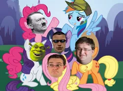 Size: 813x606 | Tagged: safe, banned from derpibooru, deleted from derpibooru, derpibooru import, applejack, fluttershy, pinkie pie, rainbow dash, rarity, twilight sparkle, adolf hitler, angry video game nerd, gabe newell, jc denton, mane six, shrek