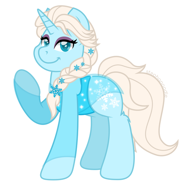 Size: 1280x1280 | Tagged: safe, artist:stephanoodle, banned from derpibooru, deleted from derpibooru, derpibooru import, ponified, pony, unicorn, braid, clothes, disney, elsa, eyeshadow, female, frozen (movie), leg fluff, looking at you, makeup, mare, simple background, snow, snowflake, solo, white background