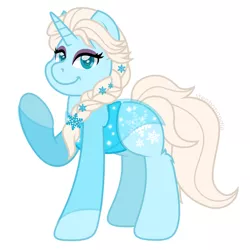 Size: 1280x1280 | Tagged: safe, artist:stephanoodle, banned from derpibooru, deleted from derpibooru, derpibooru import, ponified, pony, unicorn, braid, clothes, disney, elsa, eyeshadow, female, frozen (movie), leg fluff, looking at you, makeup, mare, simple background, snow, snowflake, solo, white background