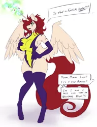 Size: 936x1224 | Tagged: suggestive, artist:gingersnap913, banned from derpibooru, deleted from derpibooru, derpibooru import, oc, oc:gingersnaps, alicorn, anthro, alicornified, armpits, big breasts, breasts, breast squeeze, clothes, grope, hips, leggings, long tail, princess, race swap, self grope, shadowbolts, solo, thick, thighs, tight clothing, transformation, uniform, vulgar, wings