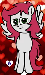 Size: 1516x2495 | Tagged: safe, artist:sebtheartist, banned from derpibooru, deleted from derpibooru, derpibooru import, oc, oc:little love, unofficial characters only, pony, front view, heart, heart background, male, smiling, solo, spread wings, trap, wings