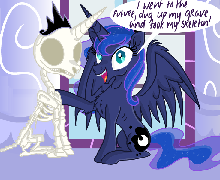 Size: 2069x1693 | Tagged: safe, artist:darkest-lunar-flower, banned from derpibooru, deleted from derpibooru, derpibooru import, princess luna, pony, bone, chest fluff, dialogue, insanity, luna found the coffee, open mouth, skeleton, solo, speech bubble, spooky