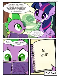 Size: 1275x1650 | Tagged: safe, artist:dsana, banned from derpibooru, deleted from derpibooru, derpibooru import, edit, spike, twilight sparkle, twilight sparkle (alicorn), alicorn, dragon, pony, comic:the shadow shard, bandage, book, comic, dialogue, duo, feels, female, friendship express, male, mama twilight, mare, the end, train