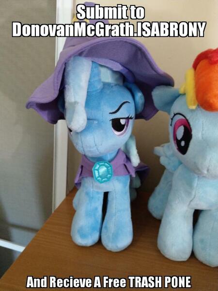 Size: 749x998 | Tagged: safe, banned from derpibooru, deleted from derpibooru, derpibooru import, rainbow dash, trixie, clothes, forced meme, hat, meme, plushie, text, toy, trixie's hat