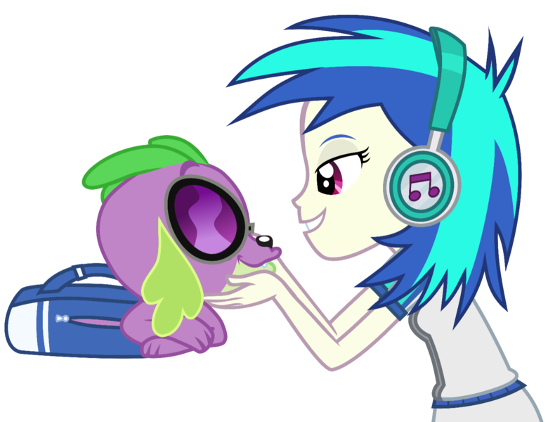 Size: 1448x1114 | Tagged: safe, banned from derpibooru, deleted from derpibooru, derpibooru import, spike, vinyl scratch, dog, human, equestria girls, affection, female, male, shipping, smiley face, spike the dog, straight, vinylspike