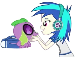 Size: 1448x1114 | Tagged: safe, banned from derpibooru, deleted from derpibooru, derpibooru import, spike, vinyl scratch, dog, human, equestria girls, affection, female, male, shipping, smiley face, spike the dog, straight, vinylspike