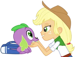 Size: 1442x1104 | Tagged: safe, banned from derpibooru, deleted from derpibooru, derpibooru import, applejack, spike, dog, human, equestria girls, affection, applespike, backpack, caress, female, heart eyes, male, shipping, simple background, smiley face, spike the dog, straight, transparent background, wingding eyes