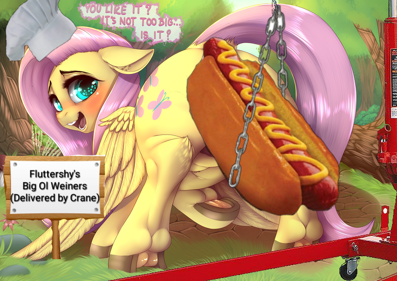 Size: 800x566 | Tagged: questionable, artist:dankflank, banned from derpibooru, deleted from derpibooru, derpibooru import, edit, edited edit, fluttershy, pegasus, pony, blushing, censored, chef's hat, crane, female, food, frog (hoof), hat, hot dog, looking at you, looking back, looking back at you, mare, meat, photoshop, sausage, shitposting, sign, strategically covered, underhoof