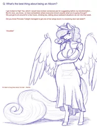 Size: 936x1224 | Tagged: suggestive, artist:gingersnap913, banned from derpibooru, deleted from derpibooru, derpibooru import, oc, oc:gingersnaps, alicorn, anthro, unguligrade anthro, absolute cleavage, alicorn oc, ask, big breasts, breasts, cleavage, clothes, dress, horn, inktober, long tail, solo, tumblr, wings