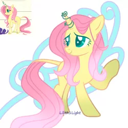 Size: 1000x1001 | Tagged: safe, artist:dreamybae, artist:lilith1light, derpibooru import, fluttershy, pony, unicorn, g5, leak, spoiler:g5, base used, cutie mark background, female, fluttershy (g5), image, mare, png, race swap, signature, smiling, solo, unicorn fluttershy