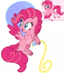 Size: 1863x2139 | Tagged: safe, artist:lilith1light, artist:pegasski, banned from derpibooru, deleted from derpibooru, derpibooru import, pinkie pie, pegasus, pony, leak, spoiler:g5, base used, cutie mark background, female, flying, g5, happy, mare, open mouth, pegasus pinkie pie, pinkie pie (g5), race swap, signature, solo