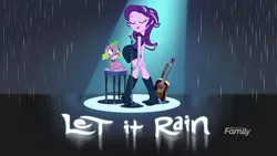 Size: 1366x768 | Tagged: safe, artist:bubblestormx, artist:ironm17, artist:titanium-pony, banned from derpibooru, deleted from derpibooru, derpibooru import, spike, starlight glimmer, equestria girls, equestria girls series, let it rain, spoiler:eqg series (season 2), boots, clothes, eyes closed, female, guitar, lap dance, male, microphone, musical instrument, rain, shipping, shoes, skirt, sparlight, stool, straight, vector