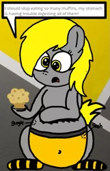 Size: 715x1111 | Tagged: safe, artist:sebtheartist, banned from derpibooru, deleted from derpibooru, derpibooru import, derpy hooves, abstract background, aderpose, belly, belly button, big belly, clothes, fat, food, gurgling, muffin, outie belly button, panties, sitting, socks, speech bubble, stomach noise, striped socks, underwear