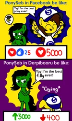 Size: 1536x2560 | Tagged: safe, artist:sebtheartist, banned from derpibooru, deleted from derpibooru, derpibooru import, oc, oc:anonfilly, oc:ponyseb, unofficial characters only, pegasus, pony, angry, belly button, bipedal, crying, downvote, facebook reactions, female, filly, floppy ears, lying, proud, speech bubble, spread wings, upvote, wings