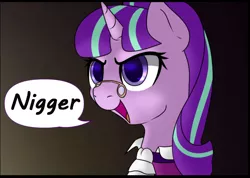 Size: 1113x794 | Tagged: safe, artist:10art1, banned from derpibooru, deleted from derpibooru, derpibooru import, edit, snowfall frost, starlight glimmer, pony, unicorn, downvote bait, female, glasses, gradient background, mare, racial slur, run, solo, vulgar