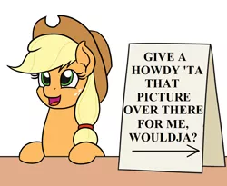 Size: 1100x900 | Tagged: safe, artist:mkogwheel, banned from derpibooru, deleted from derpibooru, derpibooru import, edit, applejack, derpibooru, applejack's hat, applejack's sign, cowboy hat, hat, meme, meta, open mouth, sign, text