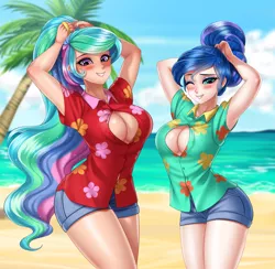 Size: 4365x4255 | Tagged: suggestive, artist:racoonsan, banned from derpibooru, deleted from derpibooru, derpibooru import, princess celestia, princess luna, human, alternate hairstyle, arm behind head, beach, blushing, clothes, hawaiian shirt, horn, horned humanization, humanized, ocean, one eye closed, palm tree, retirement, shirt, shorts, tree, vacation, winged humanization, wings