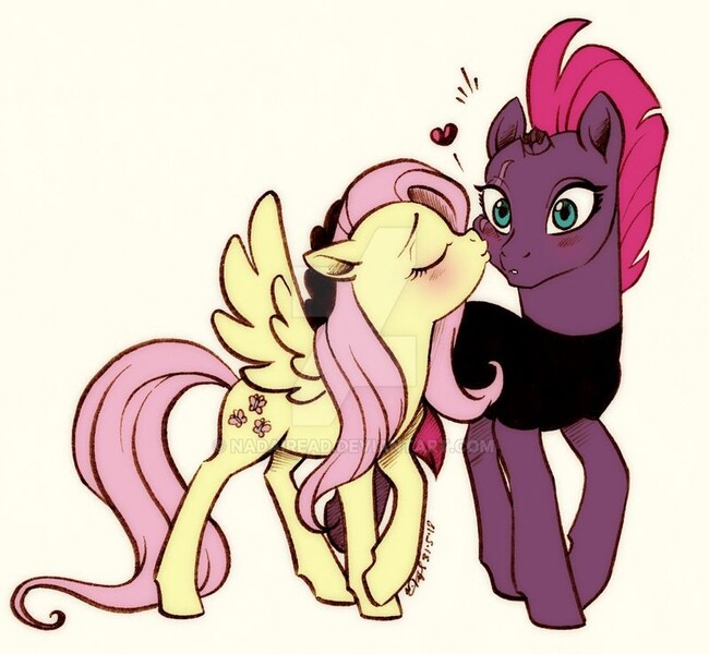 Size: 800x739 | Tagged: safe, artist:nadairead, banned from derpibooru, deleted from derpibooru, derpibooru import, fluttershy, tempest shadow, pegasus, pony, unicorn, blushing, broken horn, deviantart watermark, eye scar, female, heart, horn, kiss on the cheek, kissing, lesbian, mare, obtrusive watermark, scar, shipping, simple background, tempestshy, watermark
