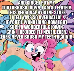 Size: 1406x1348 | Tagged: safe, banned from derpibooru, deleted from derpibooru, derpibooru import, edit, edited screencap, screencap, pinkie pie, rainbow dash, twilight sparkle, alicorn, my little pony: pony life, caption, dental hygiene, gross, image macro, solo focus, song reference, text, twilight sparkle (alicorn), veggietales, veggietales in the house