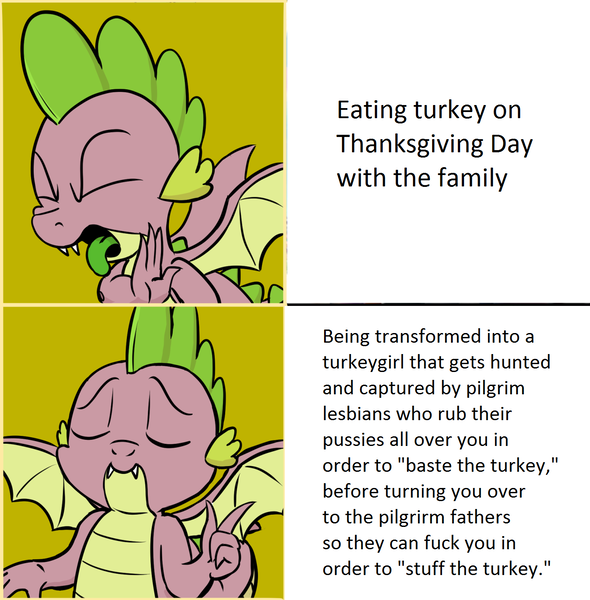 Size: 1349x1371 | Tagged: grimdark, questionable, artist:pony-berserker, banned from derpibooru, deleted from derpibooru, derpibooru import, edit, spike, bird, turkey, barely pony related, female, gangbang, group sex, holiday, lesbian, obligatory dragon, pilgrim, rape, sex, solo, text, thanksgiving