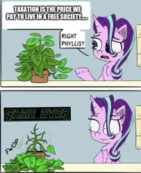 Size: 978x1204 | Tagged: safe, artist:chopsticks, banned from derpibooru, deleted from derpibooru, derpibooru import, edit, phyllis, starlight glimmer, pony, unicorn, caption, image macro, libertarian, meme, metal gear, right phyllis, solo, taxation is theft, text