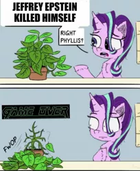 Size: 1006x1235 | Tagged: safe, artist:chopsticks, banned from derpibooru, deleted from derpibooru, derpibooru import, edit, phyllis, starlight glimmer, pony, unicorn, caption, image macro, jeffrey epstein, libertarian, meme, metal gear, plant, right phyllis, solo, text