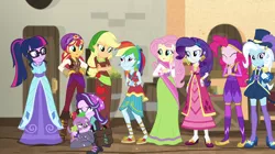 Size: 1280x718 | Tagged: safe, banned from derpibooru, deleted from derpibooru, derpibooru import, edit, edited screencap, screencap, applejack, fluttershy, pinkie pie, rainbow dash, rarity, sci-twi, spike, spike the regular dog, starlight glimmer, sunset shimmer, trixie, twilight sparkle, dog, equestria girls, equestria girls series, movie magic, street magic with trixie, spoiler:eqg series (season 2), spoiler:eqg specials, boots, clothes, costume, dress, female, freckles, glasses, high heels, hug, humane five, humane seven, humane six, india movie set, kiss mark, kiss on the head, lipstick, male, miniskirt, paws, ponytail, shipping, shoes, skirt, smiling, socks, sparlight, spikelove, straight, sunshim, thigh highs