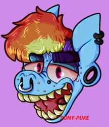 Size: 724x839 | Tagged: safe, artist:pony-puke, banned from derpibooru, deleted from derpibooru, derpibooru import, rainbow dash, pony, bust, ear piercing, earring, gauges, jewelry, looking at you, nose piercing, nose ring, open mouth, piercing, sharp teeth, smiling, solo, teeth