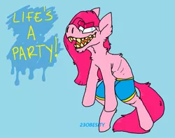 Size: 1003x796 | Tagged: semi-grimdark, artist:pony-puke, banned from derpibooru, deleted from derpibooru, derpibooru import, pinkie pie, earth pony, semi-anthro, bipedal, clothes, crazy face, dialogue, faic, female, mare, open mouth, shorts, solo