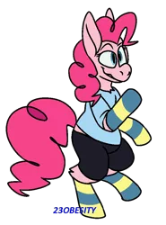 Size: 680x921 | Tagged: safe, artist:pony-puke, banned from derpibooru, deleted from derpibooru, derpibooru import, pinkie pie, earth pony, semi-anthro, clothes, shirt, shorts, simple background, smiling, socks, solo, striped socks, transparent background