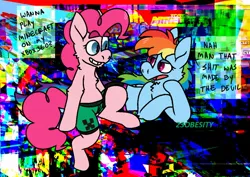 Size: 1024x723 | Tagged: safe, artist:pony-puke, banned from derpibooru, deleted from derpibooru, derpibooru import, pinkie pie, rainbow dash, earth pony, pegasus, semi-anthro, boxers, clothes, dialogue, eye contact, female, lidded eyes, looking at each other, mare, open mouth, side, smiling, underwear, vulgar