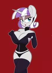 Size: 800x1129 | Tagged: suggestive, artist:sweetfilthyfun, banned from derpibooru, deleted from derpibooru, derpibooru import, edit, editor:jaycee, twilight velvet, anthro, big breasts, breasts, busty twilight velvet, cleavage, clothes, corset, evening gloves, female, gloves, lingerie, long gloves, milf, panties, red background, simple background, solo, solo female, underwear