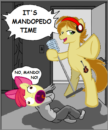 Size: 361x431 | Tagged: questionable, banned from derpibooru, deleted from derpibooru, derpibooru import, apple bloom, oc, oc:mandopony, exploitable meme, goofy time, image, mandogate, meme, png