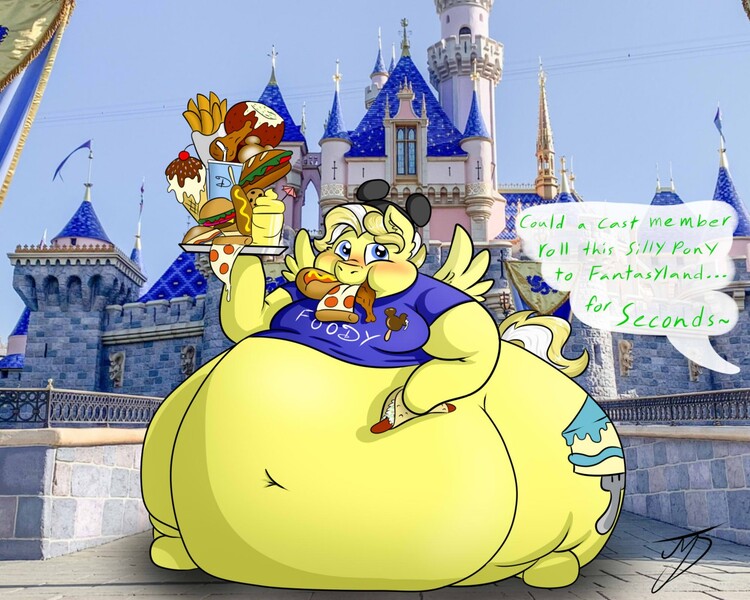 Size: 1280x1024 | Tagged: questionable, artist:buttercream pony, banned from derpibooru, deleted from derpibooru, derpibooru import, oc, oc:buttercream, pegasus, pony, belly, big, big belly, bingo wings, blushing, breasts, butt, disney, disneyland, fat, fat boobs, feedee, fetish, food, foody, huge belly, huge butt, immobile, impossibly large belly, impossibly large butt, impossibly wide hips, large belly, large butt, morbidly obese, obese, photo, solo, stuffed, text, tight clothing, wide hips