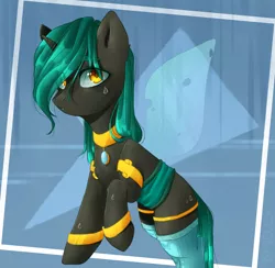 Size: 1000x974 | Tagged: safe, artist:vell tea, banned from derpibooru, deleted from derpibooru, derpibooru import, oc, oc:04, changeling, pony, amulet, bust, changeling oc, clothes, gold, jewelry, male, portrait, socks, stallion, teary eyes