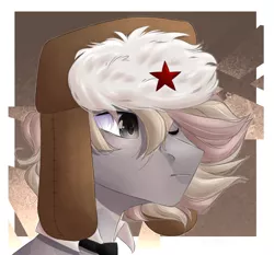 Size: 1290x1200 | Tagged: safe, artist:vell tea, banned from derpibooru, deleted from derpibooru, derpibooru import, oc, unofficial characters only, earth pony, pony, abstract background, bust, communism, hat, one eye closed, portrait, red star, solo, ushanka, windswept mane