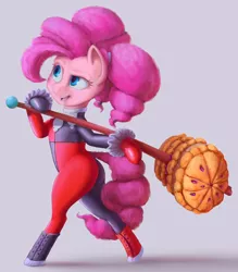 Size: 836x956 | Tagged: safe, artist:stratodraw, banned from derpibooru, deleted from derpibooru, derpibooru import, pinkie pie, bipedal, clothes, cosplay, costume, crossover, food, hammer, harley quinn, pie, pinkie quinn, solo