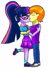 Size: 255x376 | Tagged: safe, artist:israelyabuki, banned from derpibooru, deleted from derpibooru, derpibooru import, sci-twi, twilight sparkle, oc, oc:heat blitz, equestria girls, canon x oc, clothes, female, glasses, kissing, love, male, shoes