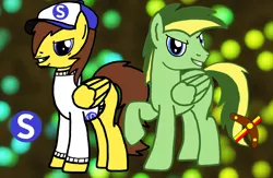 Size: 1796x1170 | Tagged: safe, artist:sebtheartist, banned from derpibooru, deleted from derpibooru, derpibooru import, oc, oc:didgeree, oc:ponyseb, pegasus, pony, alternate color palette, base used, bokeh, cutie mark, duo, male, smiling, smiling at you, stallion, trace, wallpaper